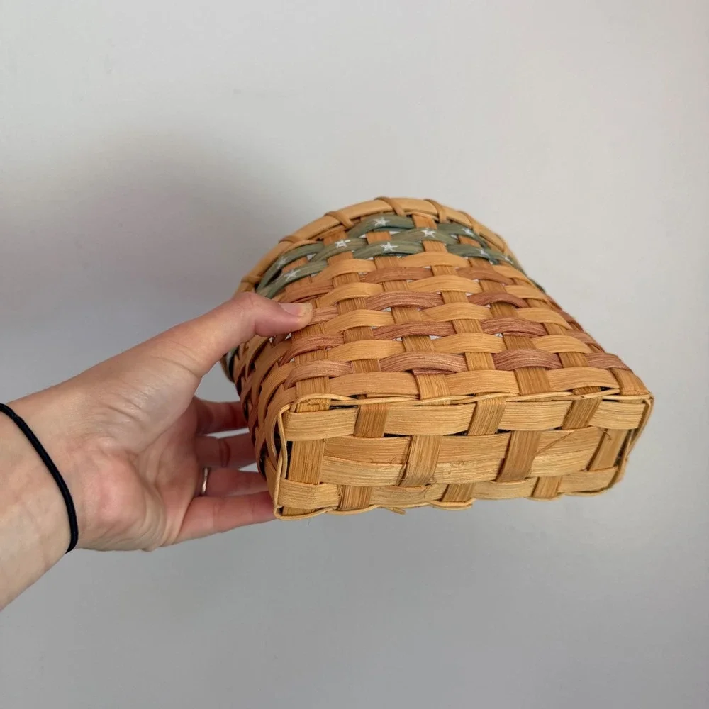 Handmade Woven Splint Wall Basket Americana Patriotic Stars Flag Decor Hanging